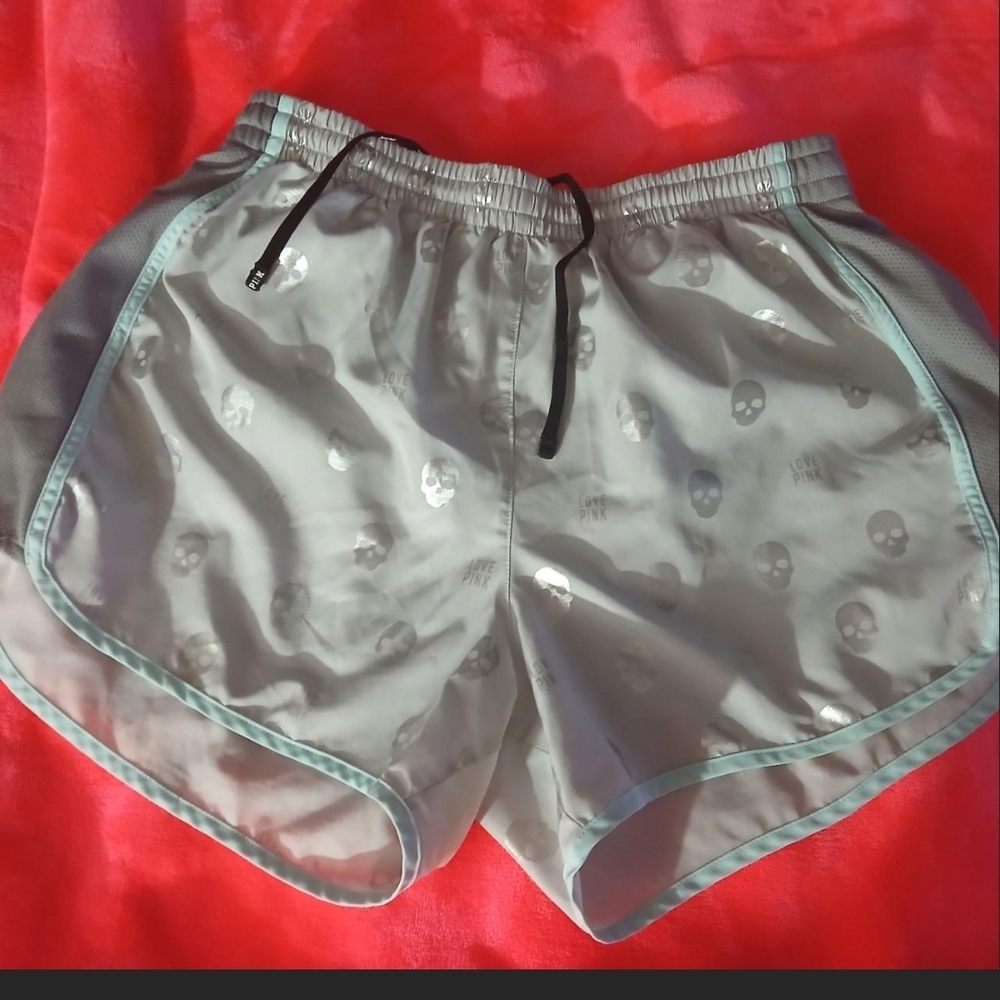 RARE PINK VS Metallic Skull Print Athletic Shorts Gray with Green Trim Liner XS